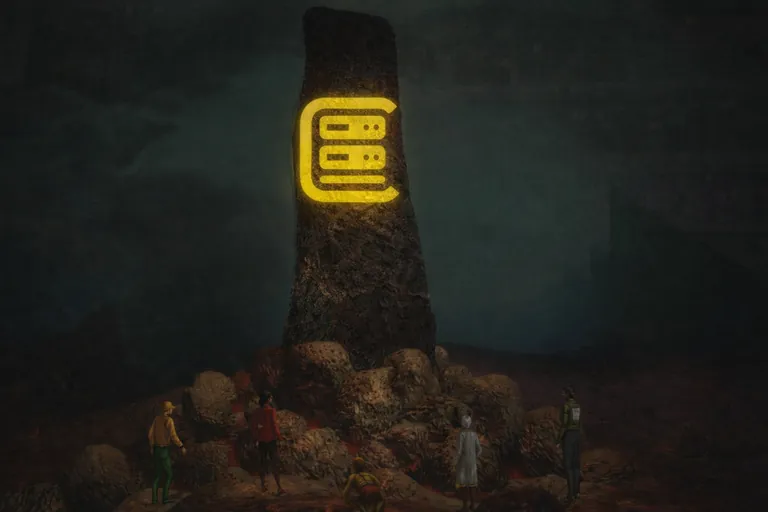 The Cynic logo glowing yellow on a stone monolith in Rust, with players gathered below