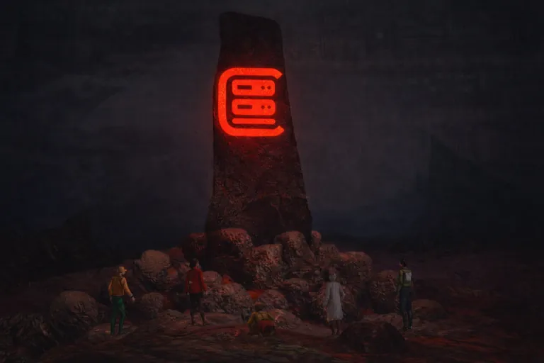 The Cynic logo glowing red on a stone monolith in Rust, with players gathered below