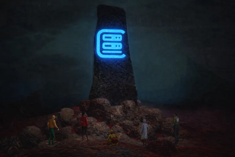 The Cynic logo glowing blue on a stone monolith in Rust, with players gathered below