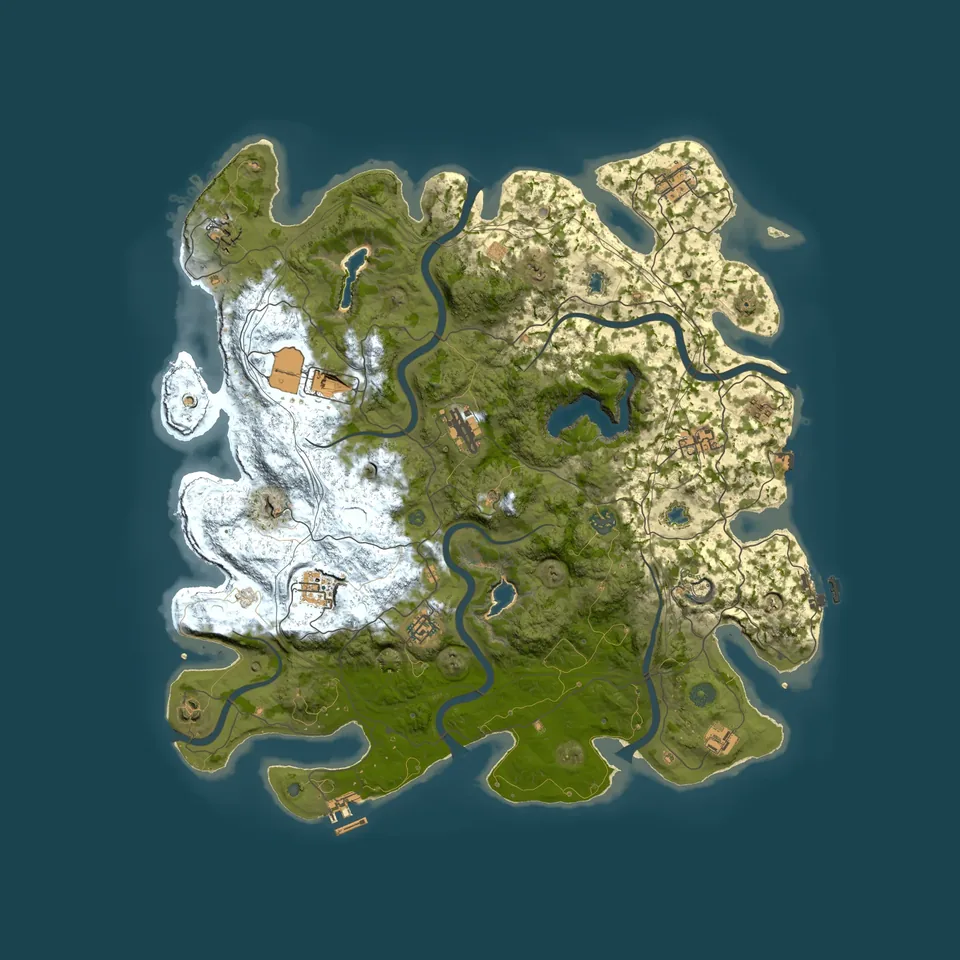 A 4500m Rust map generated on Rust Map Maker, with arctic, temperate and arid biomes, rivers and monuments